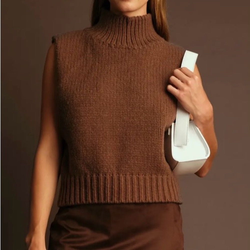DELUC George Sleeveless Mock Neck Sweater Chocolate Brown NWT Size S